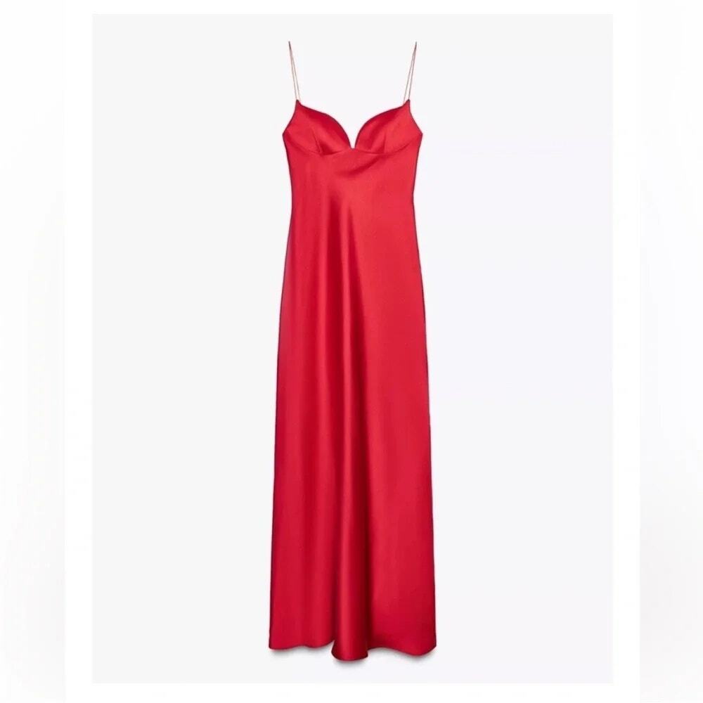Zara NWT Red Satin Sweetheart Maxi Dress L - Picture 16 of 16